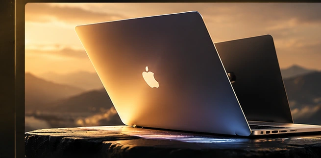 Composición conceptual cinematográfica de un portátil inspirado en MacBook Neo